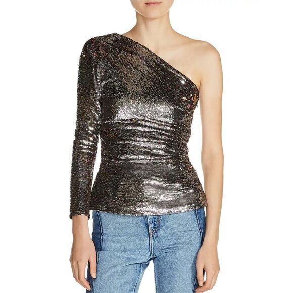 MAJE Loinita Argent Metallic Sequined One Shoulder Top - Picture 2 of 13